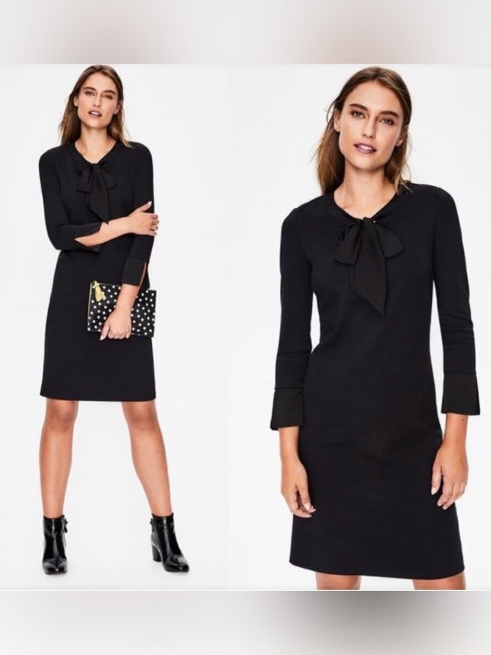 Boden Josie Black Ponte Sheath Dress 8 Long Bow Neck 3/4 Sleeve Stretch Classic